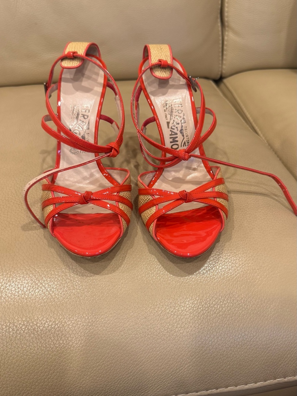 Salvatore Ferragamo Red Patent & Natural Woven Strappy Heels - Picture 8 of 8